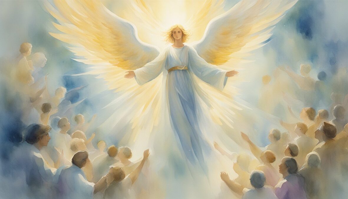 A glowing angelic figure hovers above a crowd, surrounded by swirling numbers and a sense of divine presence