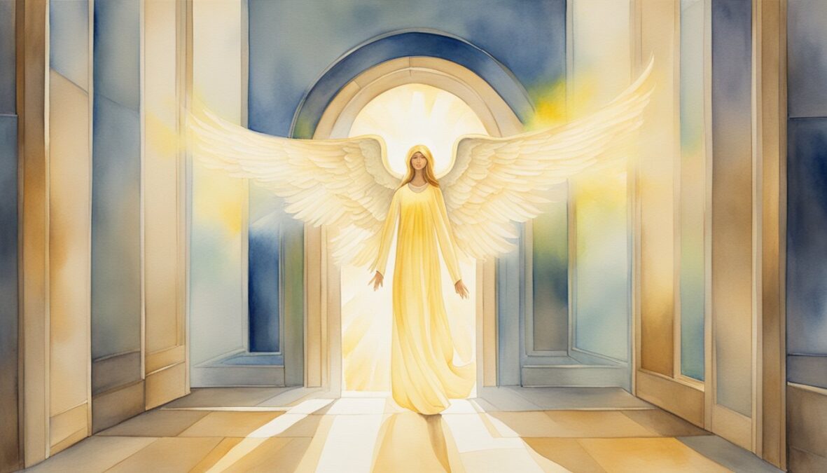 A glowing angelic figure hovers over a path with doors opening to various opportunities, surrounded by radiant light and positive energy
