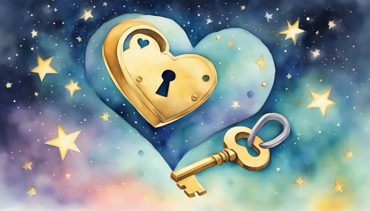 A heart-shaped lock and key floating in a radiant, celestial space, surrounded by twinkling stars and a soft, glowing light