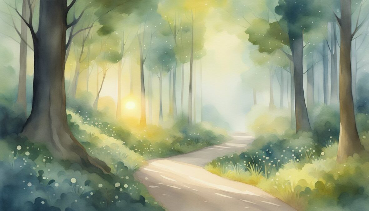 A serene forest clearing with a winding path leading towards a radiant, ethereal glow, surrounded by floating orbs of light