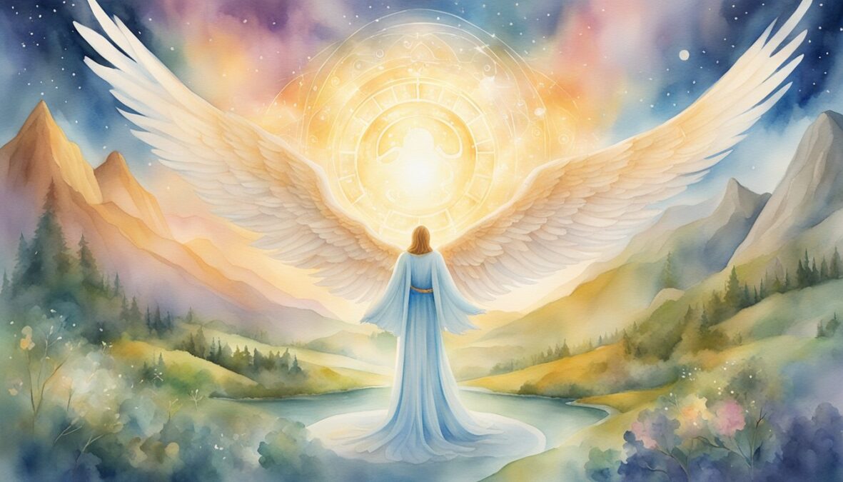 A glowing 607 angel number hovers above a serene landscape, surrounded by celestial beings and symbols of guidance and protection
