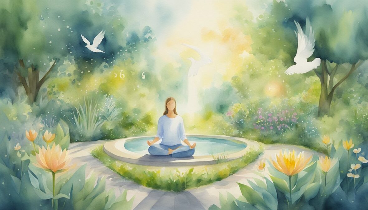 A serene garden with a glowing 630 angel number hovering above a meditating figure, surrounded by symbols of spirituality and personal growth