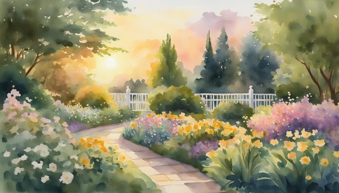 A serene garden with a pathway leading to a peaceful pond, surrounded by blooming flowers and lush greenery.</p></noscript><p>The sun is setting, casting a warm, golden glow over the scene