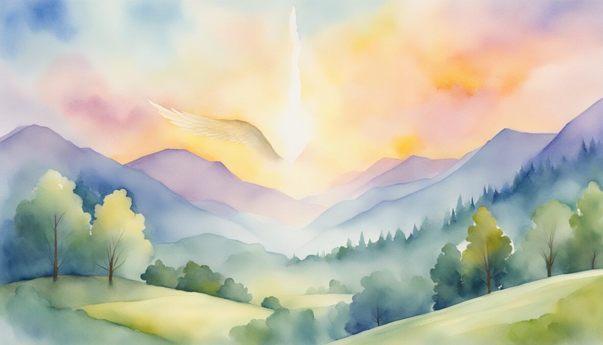 A bright, glowing 632 angel number hovering above a serene, peaceful landscape