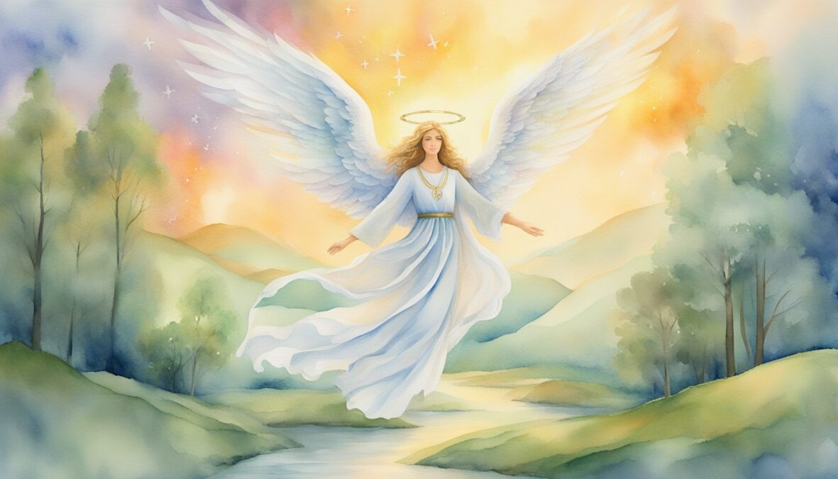 A glowing angel number 6336 hovers above a serene landscape, surrounded by symbols of peace and harmony