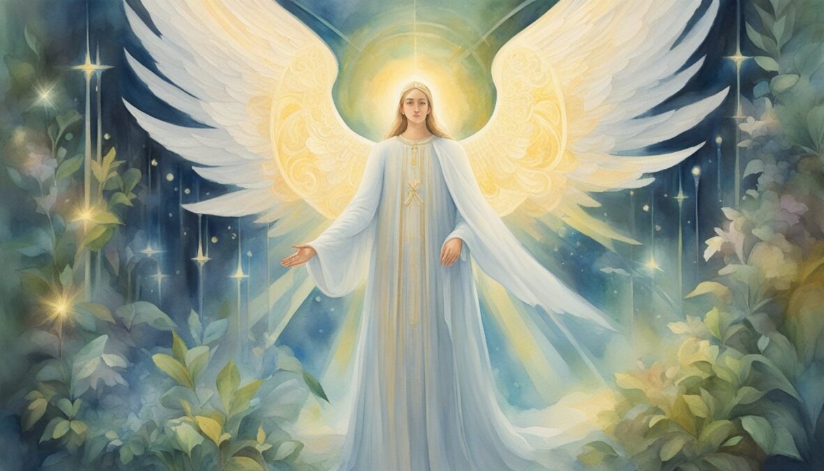 A glowing angelic figure stands beside a person, surrounded by symbols of growth and enlightenment.</p></noscript><p>Rays of light emanate from the figure, illuminating the surroundings with a sense of divine presence
