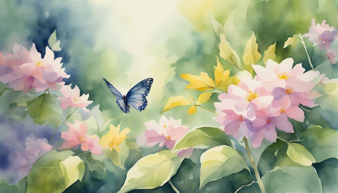 A serene garden with blooming flowers and a butterfly resting on a leaf, while sunlight filters through the trees