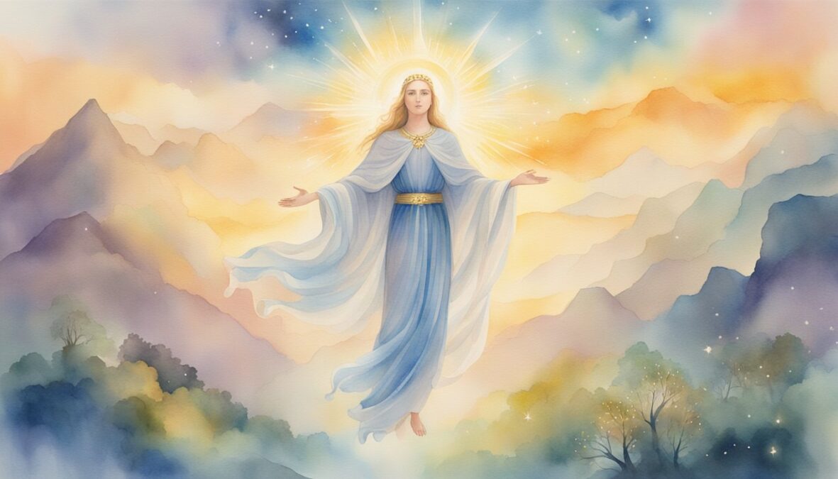 A radiant, celestial figure hovers above a tranquil landscape, surrounded by ethereal light and symbols of divine guidance