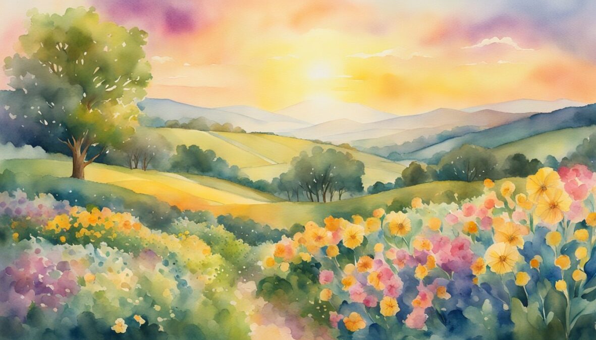 A golden sun rises over a lush landscape, with blooming flowers and overflowing cornucopias.</p></noscript><p>The sky is filled with vibrant colors and a sense of prosperity