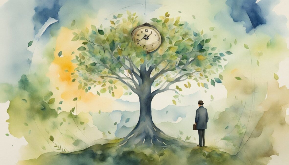 A figure stands at a crossroads, surrounded by symbols of change: a clock, a compass, and a tree shedding its leaves.</p></noscript><p>The number 6688 hovers in the sky, guiding the figure forward