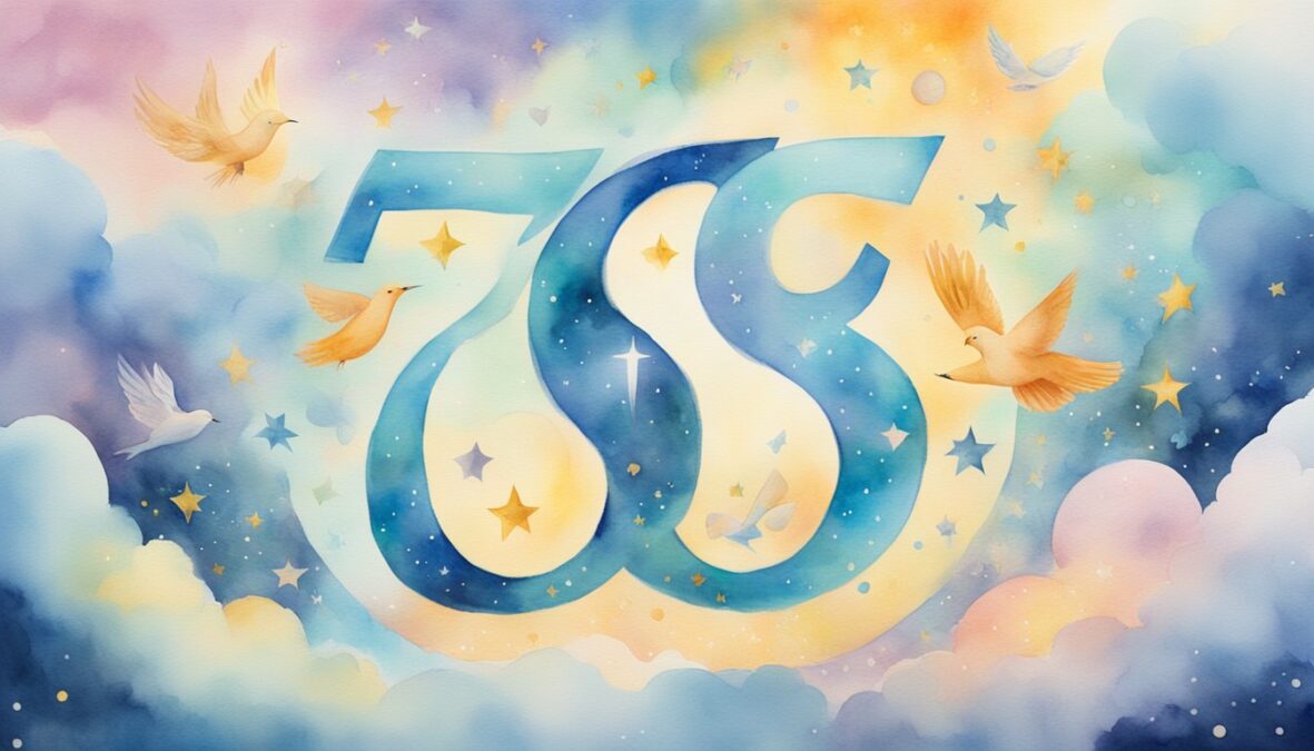 A glowing number 68 floats in a celestial sky, surrounded by ethereal angelic figures and symbols representing abundance and harmony