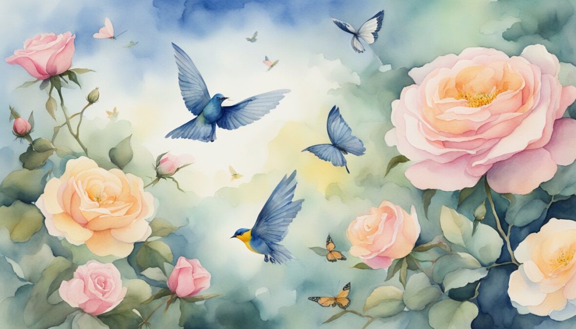 A serene garden with three blooming roses, seven fluttering butterflies, and three soaring birds in the sky