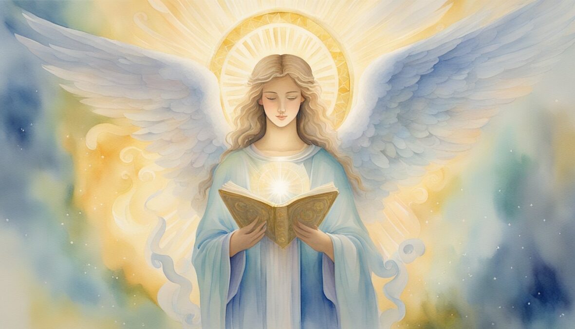 A bright, glowing angelic figure surrounded by celestial light, holding a scroll with the number 726 inscribed, while radiating a sense of divine connection and spiritual interpretation