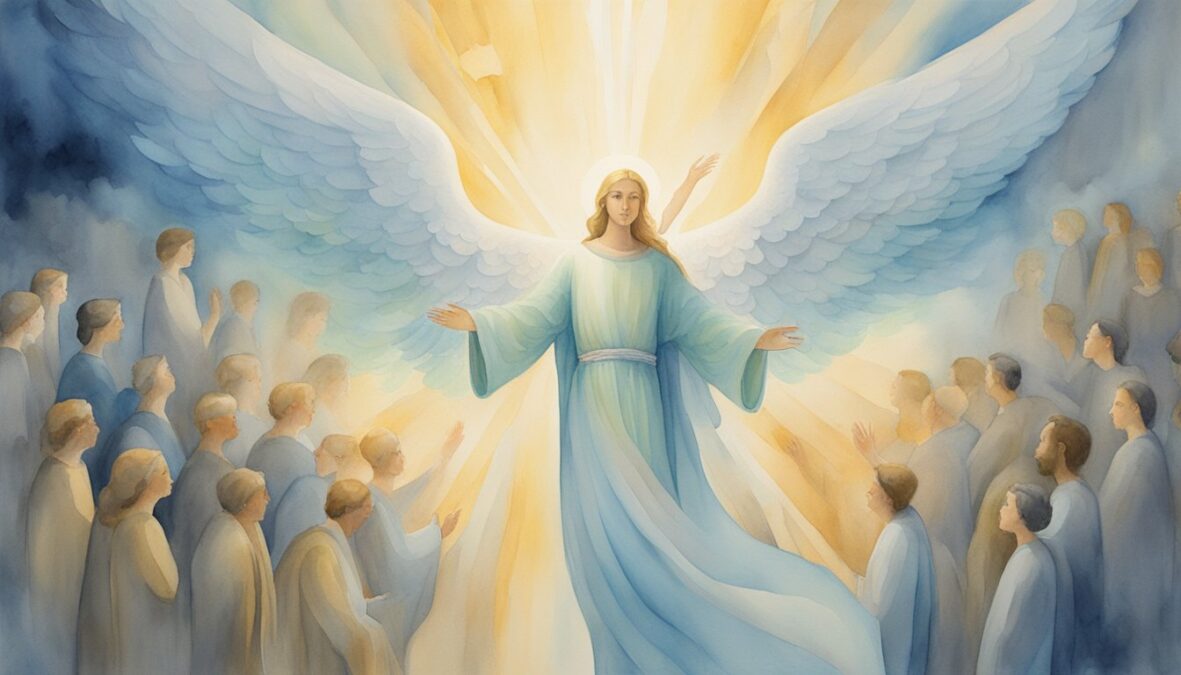 A glowing angelic figure hovers above a crowd, surrounded by numbers 7, 3, and 5.</p><p>The figure emanates a sense of wisdom and guidance