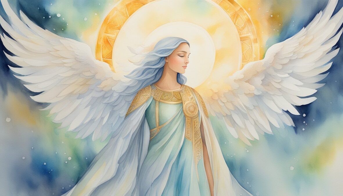 A bright, glowing angelic figure stands surrounded by symbols of personal empowerment and spiritual practice, with the number 738 prominently displayed