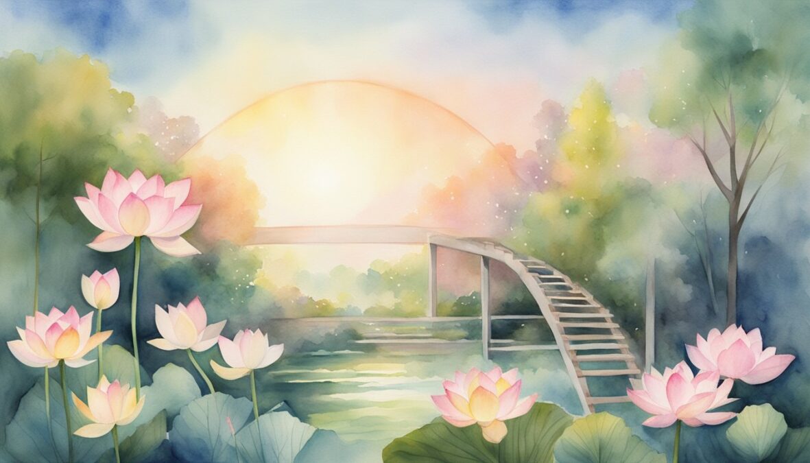 A serene garden with a blooming lotus, a glowing halo, and a ladder reaching towards the sky