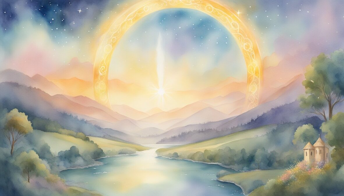 A glowing halo hovers above a serene landscape, with celestial beings and symbols surrounding the 7766 angel number in a radiant, ethereal glow