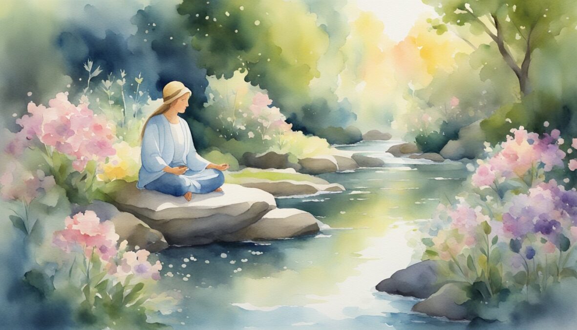 A figure surrounded by celestial light, meditating in a tranquil garden with blooming flowers and a flowing stream