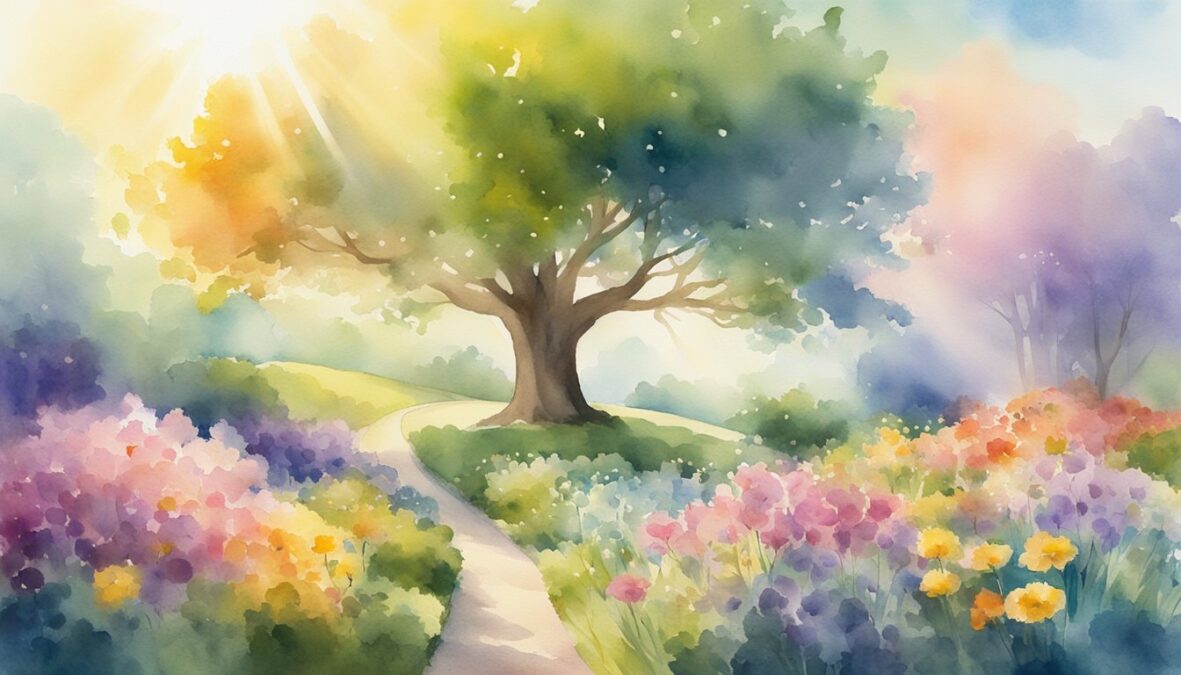 A garden with a tree growing tall, surrounded by blooming flowers of various colors, with rays of sunlight shining down from the sky