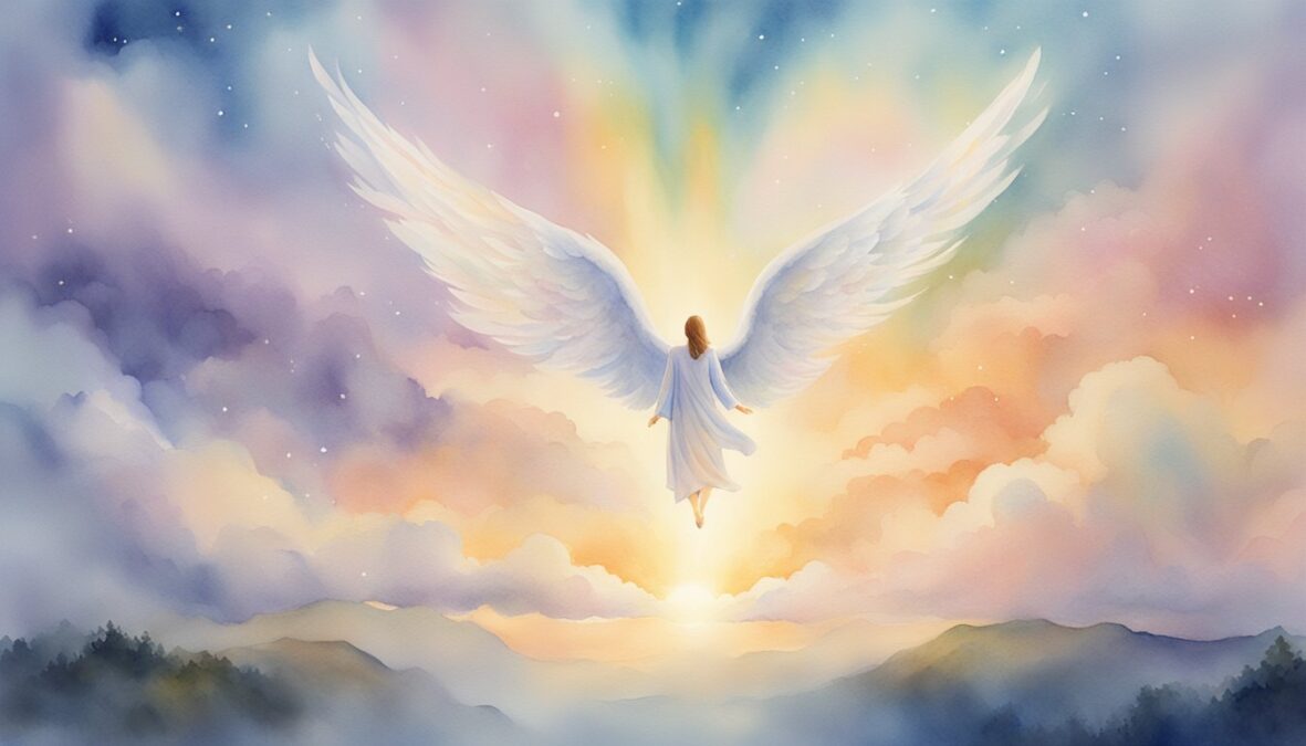 A glowing 802 angel number hovers above a serene landscape, surrounded by celestial light and gentle clouds