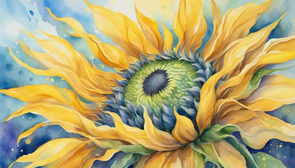 A vibrant sunflower reaching towards the sky, surrounded by swirling energy and glowing with the radiance of the 805 angel number