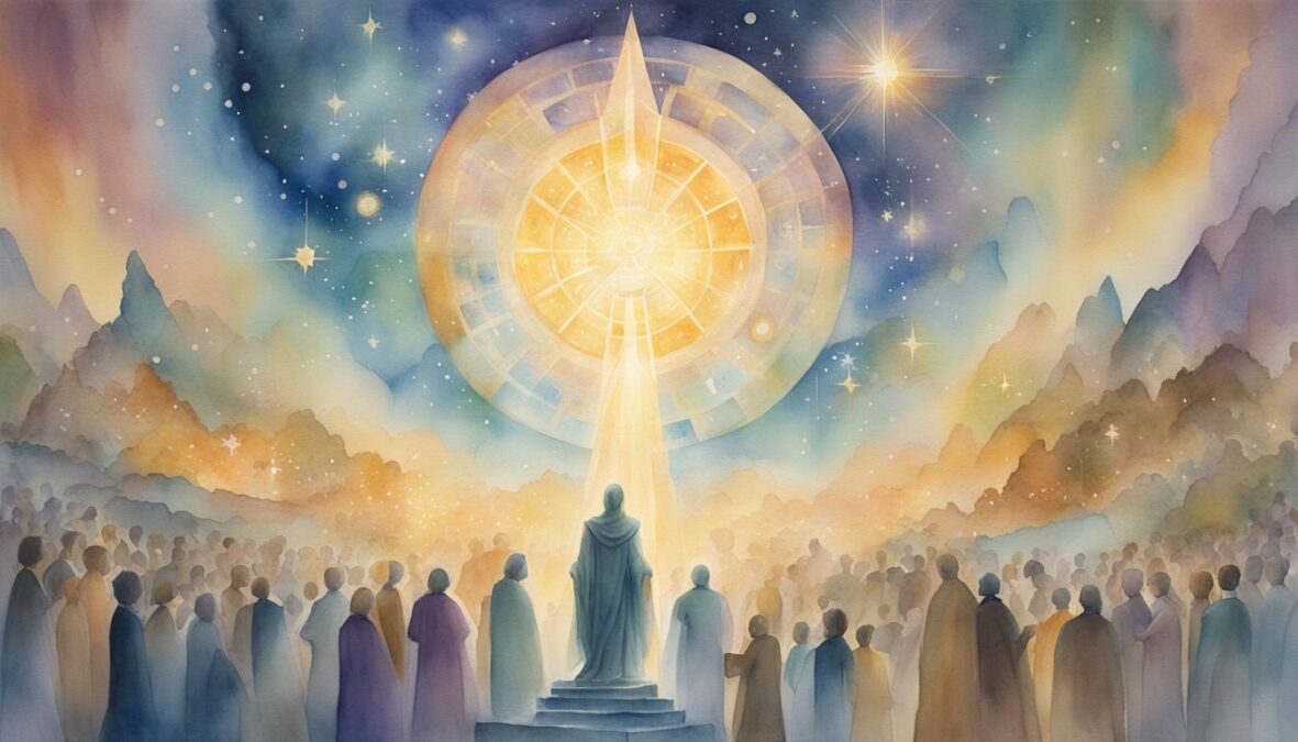 A glowing, celestial figure hovers above a crowd, surrounded by numbers and symbols, radiating wisdom and guidance