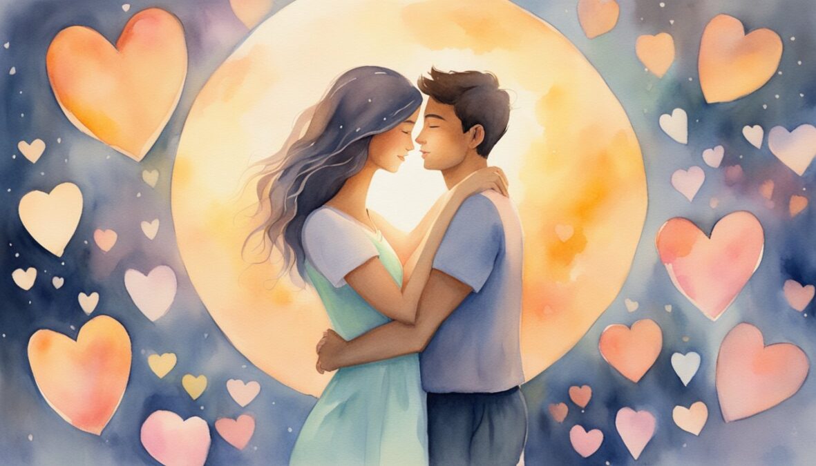 A couple embraces under a glowing halo, surrounded by hearts and the number 8448, symbolizing the impact of love and relationships