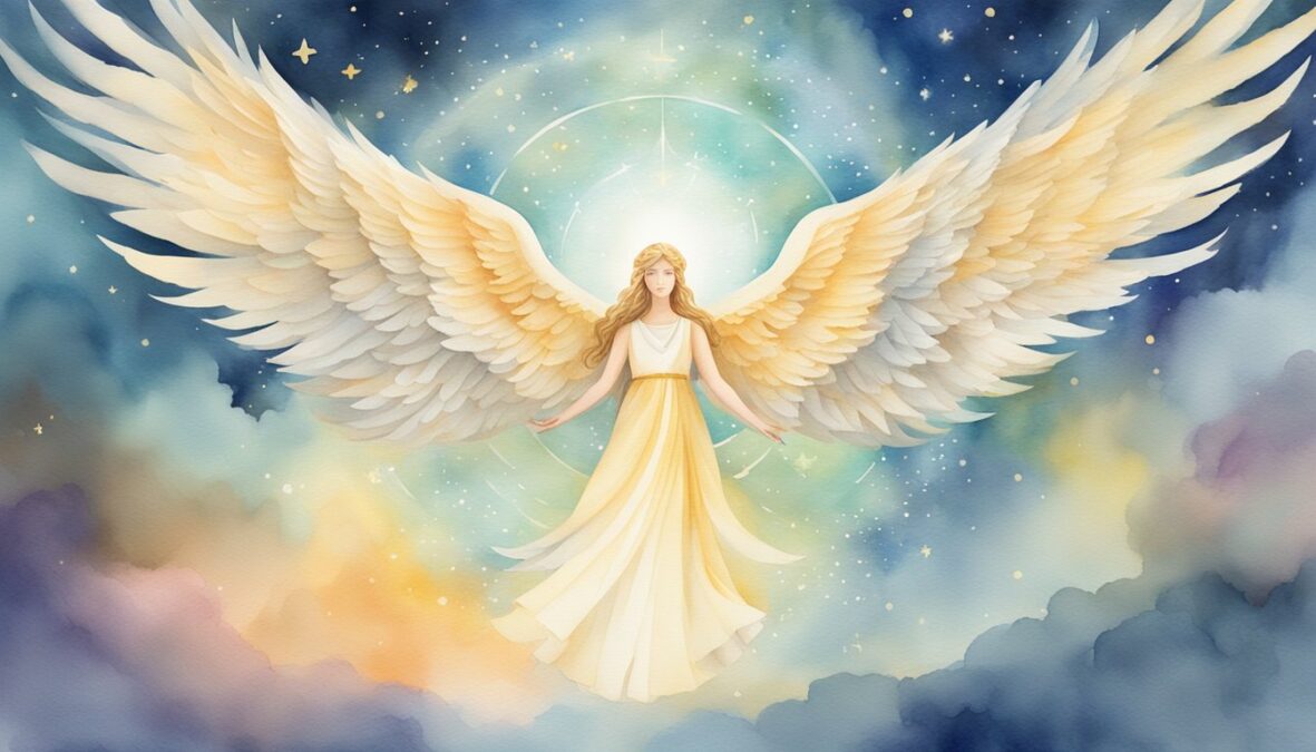 A bright, glowing 845 angel number hovers above a serene backdrop, surrounded by celestial symbols and a sense of peace and guidance