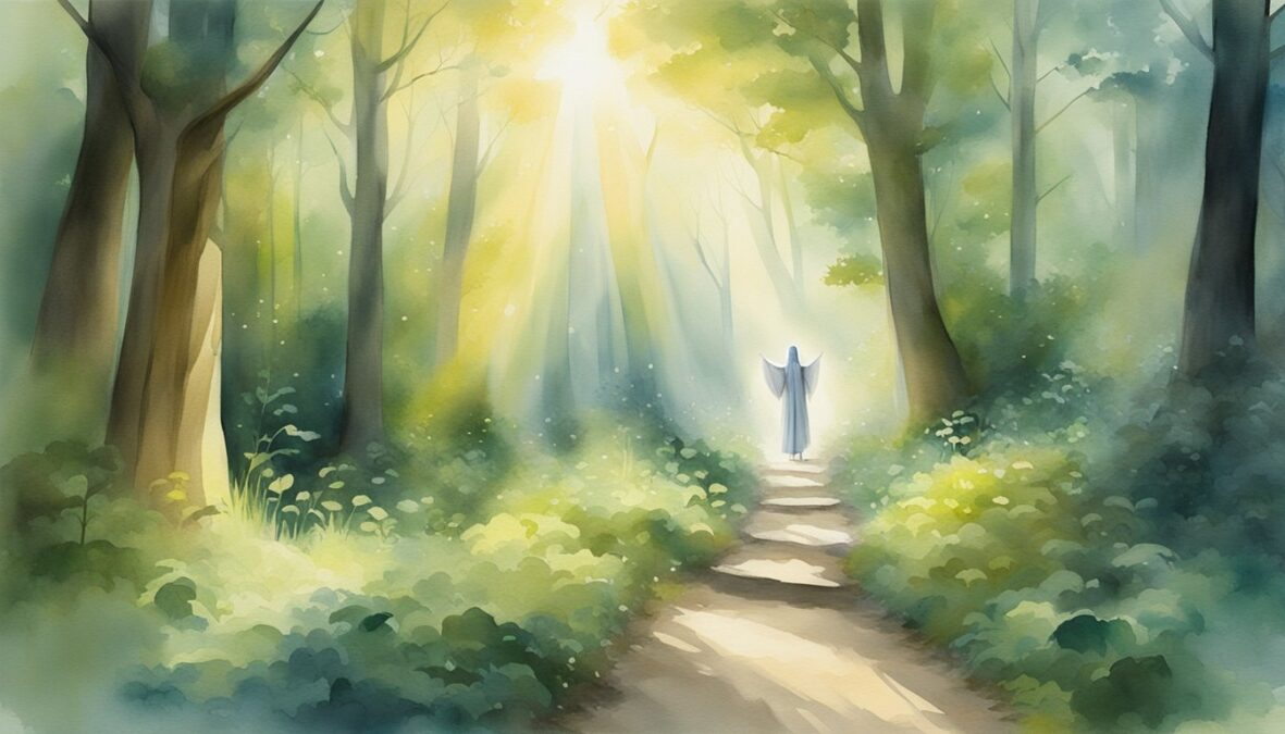 A serene forest with rays of sunlight breaking through the trees, illuminating a path leading to a glowing, ethereal figure surrounded by angelic symbols
