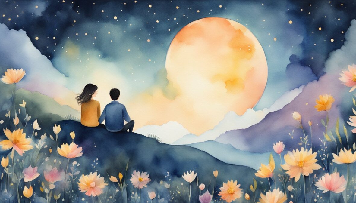 A couple sits together, surrounded by 87 flowers and 87 stars in the night sky, symbolizing their strong and harmonious relationship