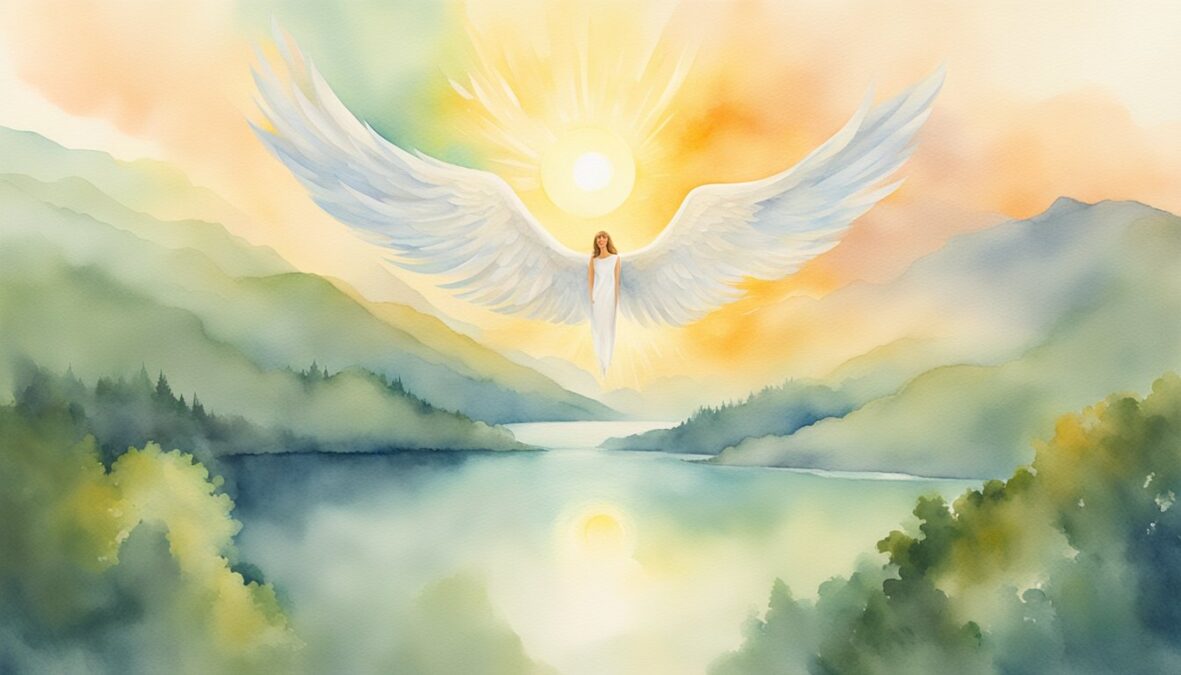 A glowing 8822 angel number hovers above a serene landscape, radiating light and warmth onto the earth below