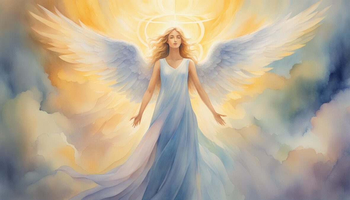 A glowing angelic figure hovers over a set of numbers, radiating warmth and guidance