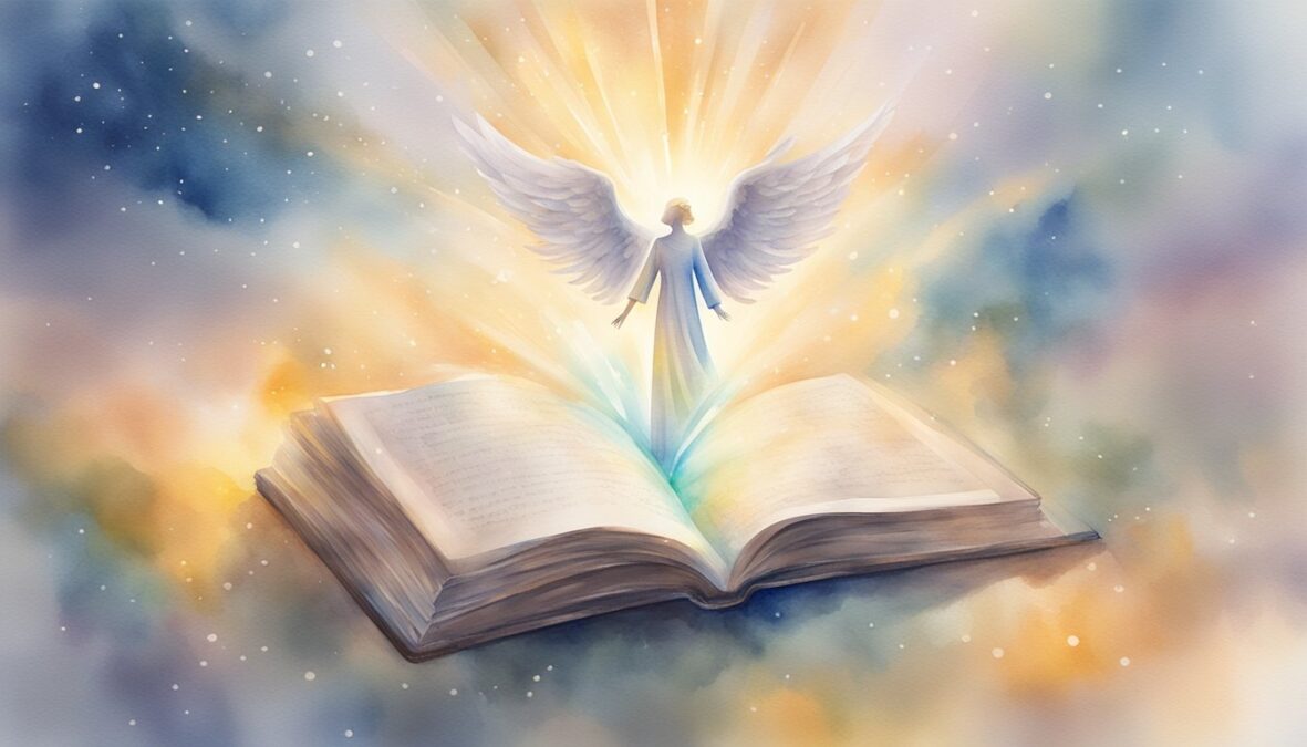 A glowing 932 angel number hovers above a book on personal development, surrounded by rays of light and a serene atmosphere