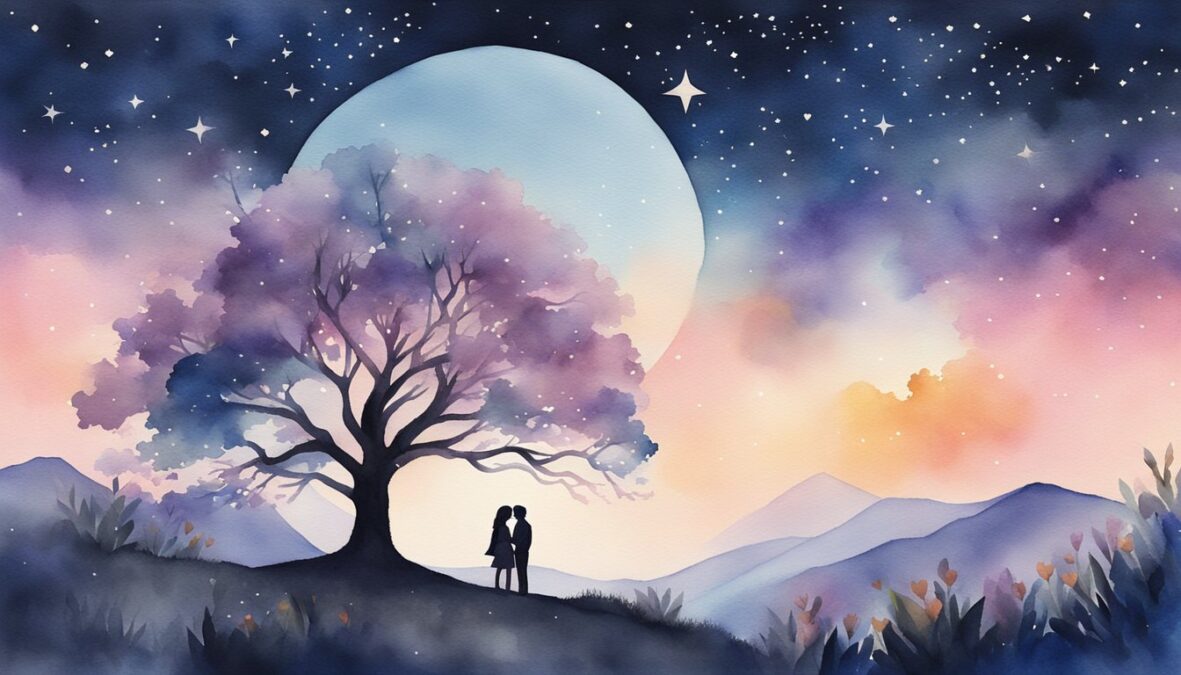 A couple's silhouettes embrace under a starry sky, surrounded by blooming flowers and a heart-shaped tree, symbolizing love and unity