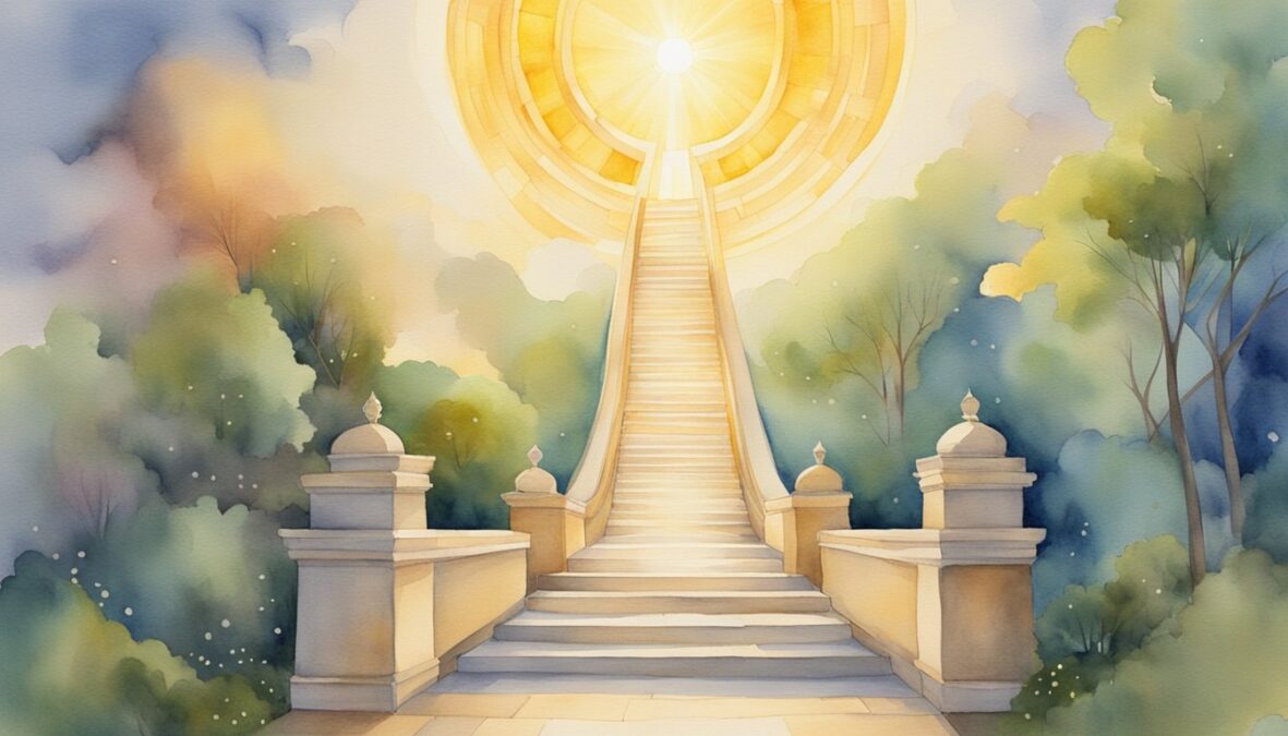 A bright, radiant light illuminates a path leading towards a staircase ascending towards the heavens, surrounded by symbols of wisdom and enlightenment