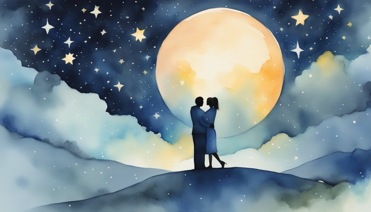 A couple embraces under a starry night sky, surrounded by the glow of the number 940, symbolizing love and harmony in their relationship