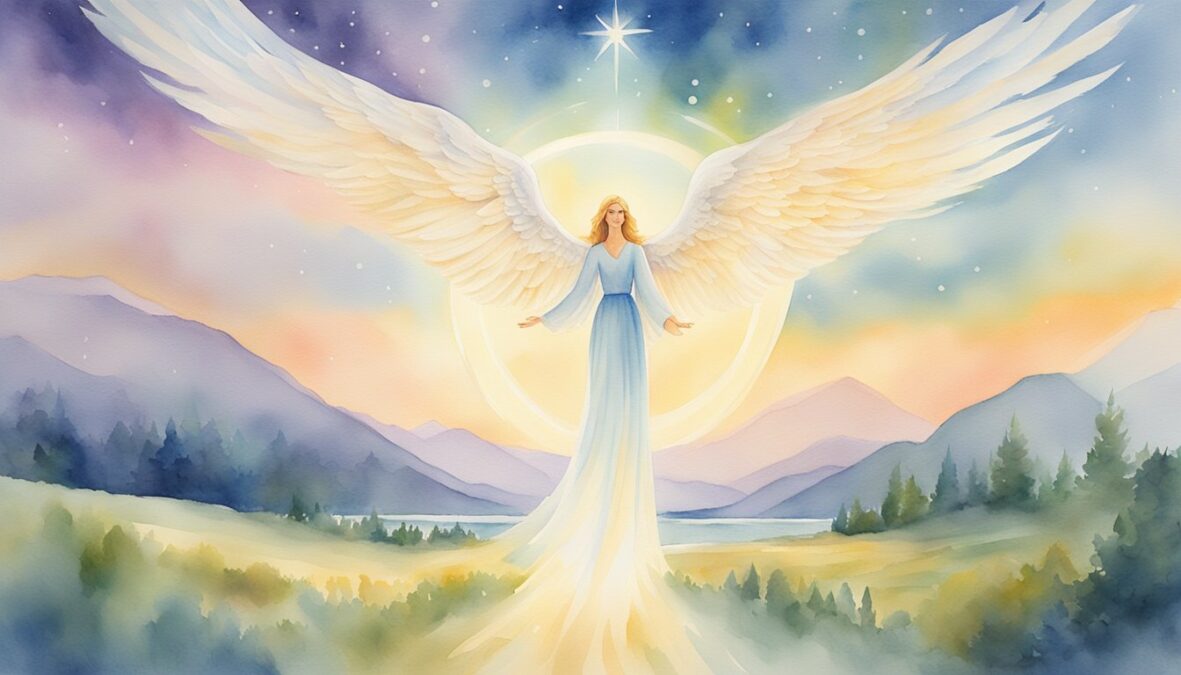 A glowing 940 angel number hovers above a serene landscape, surrounded by celestial light and a sense of divine guidance