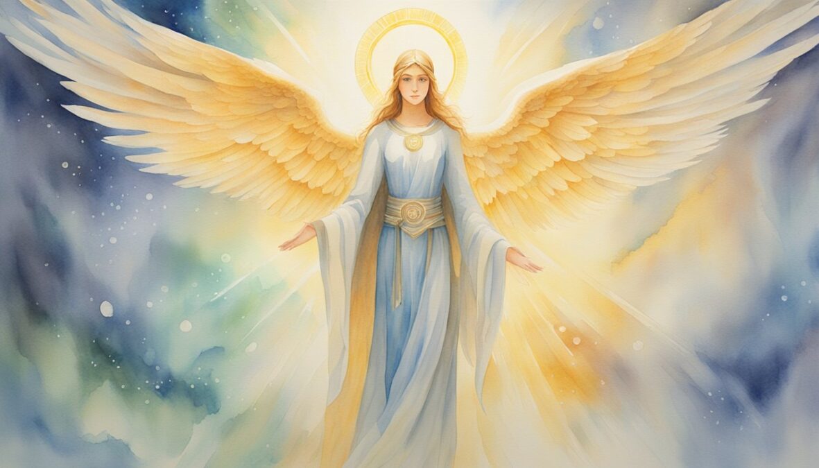 A glowing angelic figure hovers above a numerical code, radiating light and wisdom.</p></noscript><p>The numbers 9, 4, and 2 stand out prominently