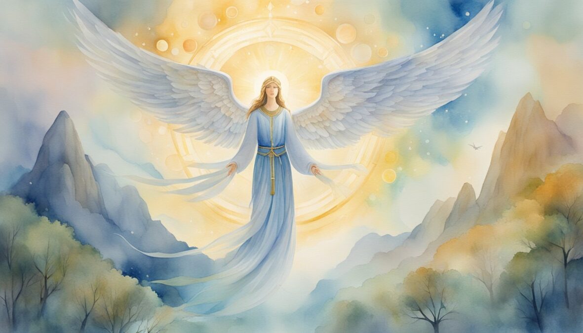 A glowing angelic figure hovers above a serene landscape, surrounded by symbols of guidance and wisdom
