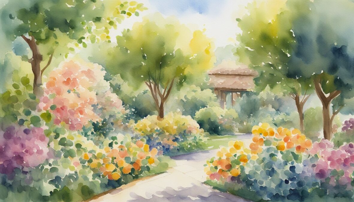 A lush garden with blooming flowers and overflowing fruit trees under a radiant sun
