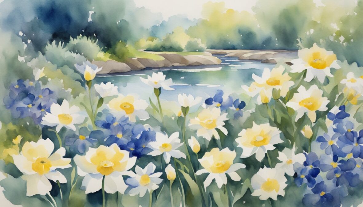 A serene garden with a flowing stream, surrounded by nine white roses, five yellow daisies, and two blue irises