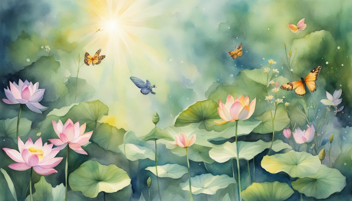 A lush garden with a beam of light shining down on a blooming lotus flower, surrounded by butterflies and hummingbirds