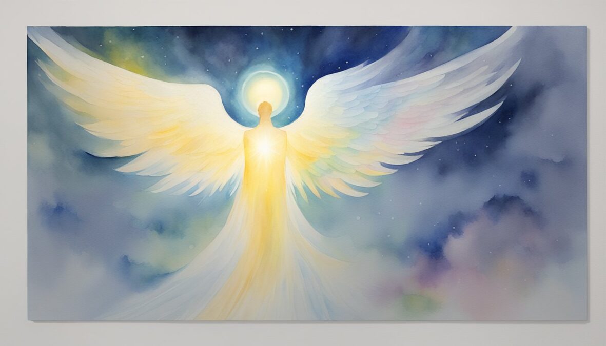 A glowing angelic figure hovers above the number 9955, radiating a sense of wisdom and guidance