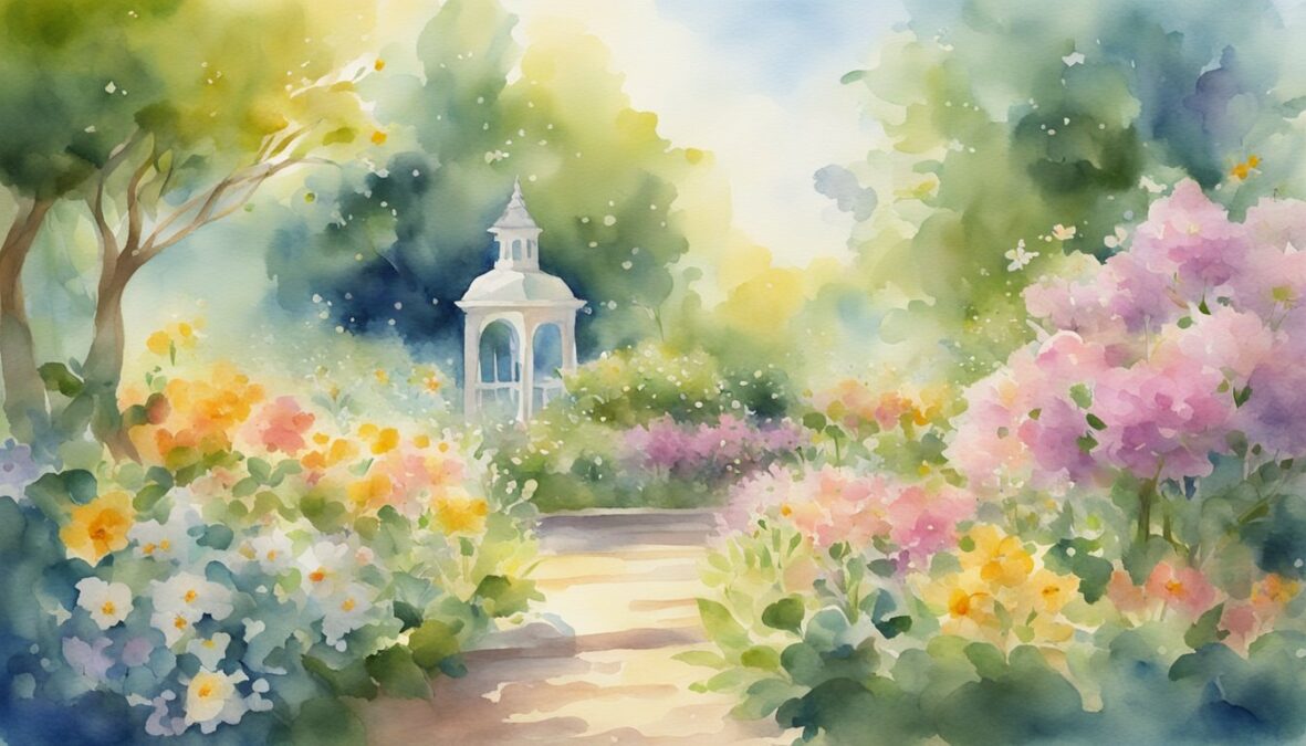 A serene garden with blooming flowers, a gentle breeze, and a radiant sun shining down, surrounded by symbols of peace and love