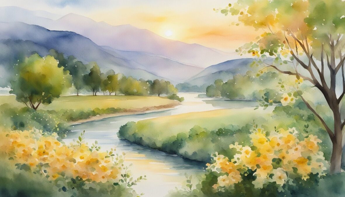 A golden sunrise over a lush landscape, with a river flowing through, surrounded by blooming flowers and fruitful trees.</p><p>The number 1035 shines brightly in the sky
