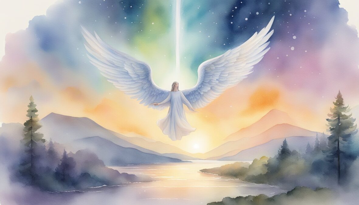 A glowing 1135 angel number hovers above a serene landscape, with celestial light radiating from it