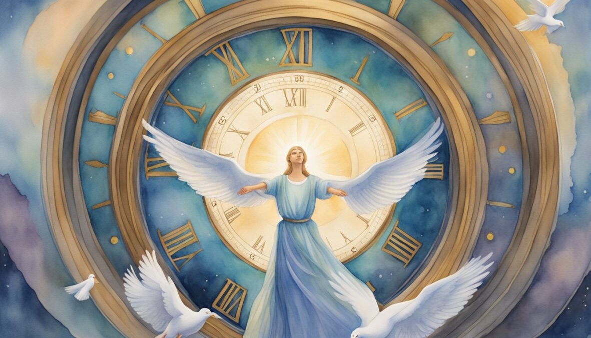 A glowing celestial figure hovers above a clock displaying 11:36, while three doves circle around it in a harmonious dance
