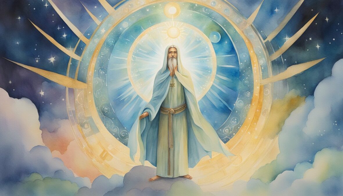 A bright, celestial figure hovers above a person, surrounded by symbols of guidance and enlightenment.</p></noscript><p>Rays of light emanate from the figure, illuminating the space with a sense of peace and purpose