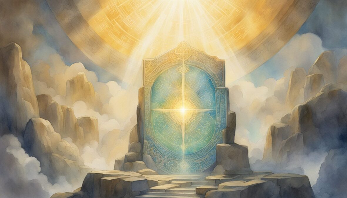 A radiant beam of light shines down from the heavens, illuminating the number 1157 etched into a stone tablet, surrounded by celestial symbols and a sense of divine presence