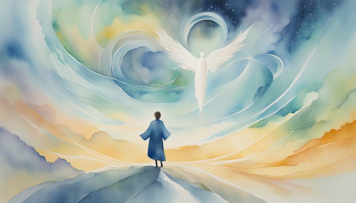 A figure stands at a crossroads, surrounded by swirling winds and shifting paths.</p></noscript><p>The 1205 angel number hovers in the sky, guiding the figure through life changes